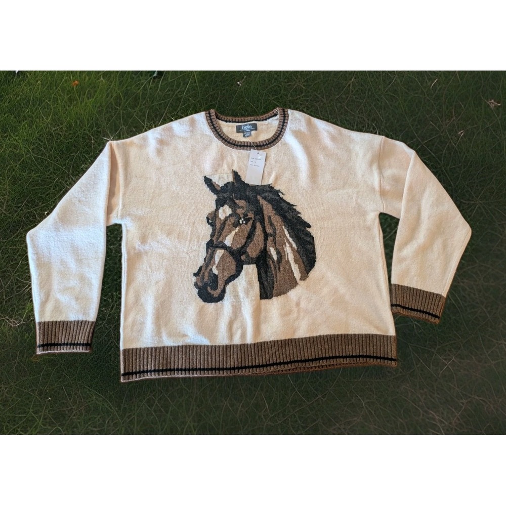 Belldini Horse Head Knit Sweater Equestrian Western Cowgirl Ivory XL ES255557